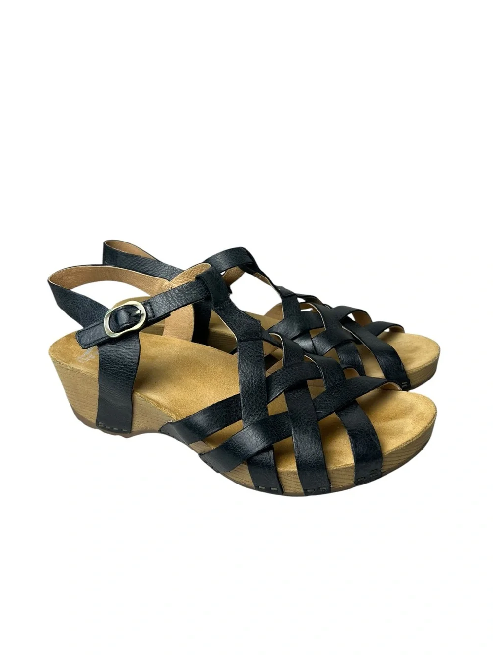 Dansko Tinley Black Leather Wedge Strappy Fisherman Sandals Size 41 (10.5-11)